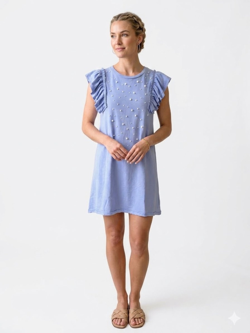 Umgee Pearl Embellished Ruffle Sleeve Dress Periwinkle Size M
